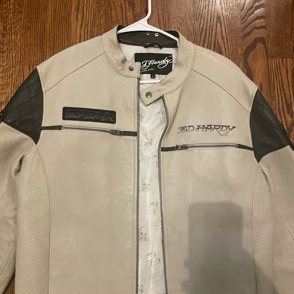 Ed Hardy Men's Beige and Black Leather Bomber Jacket